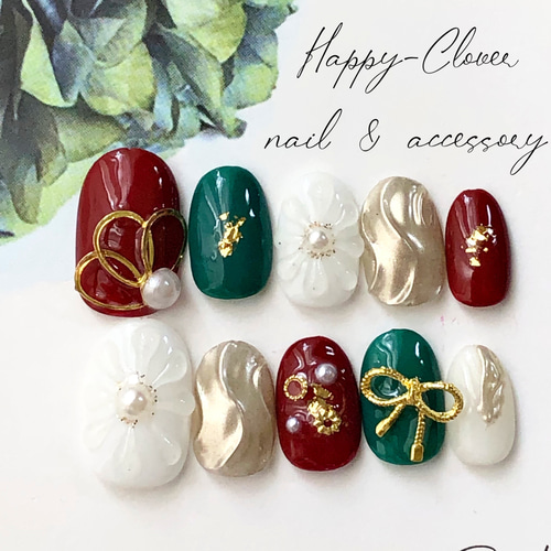 和柄ネイルチップ 赤×緑のお着物ネイル 結婚式 成人式 卒業式 前撮り  