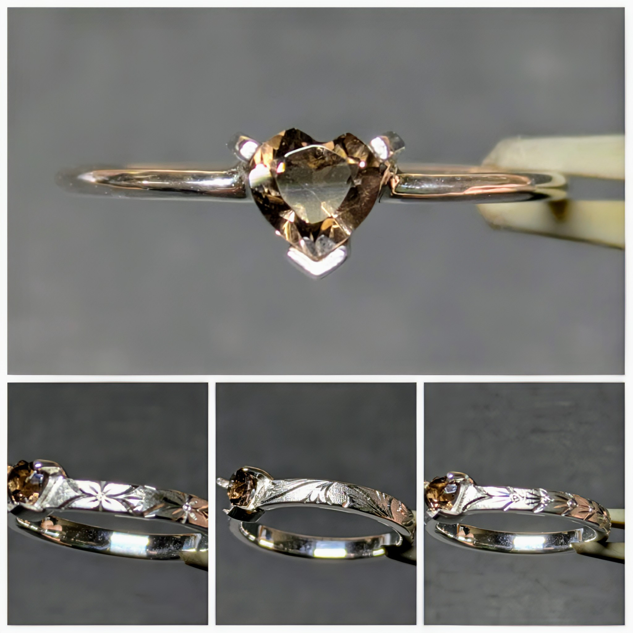 スモーキークォーツ　リング　アームデザイン変更可　ハート　手彫り　天然石　誕生石　金属アレルギー対応　ミルグレイン　唐草