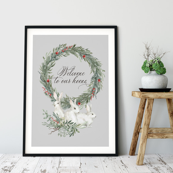 玄関ポスター【 雪うさぎ 】 北欧ポスター クリスマス 冬 お正月 玄関