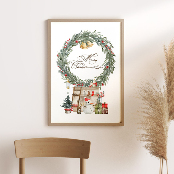 玄関ポスター【 雪だるま 】 Xmas  北欧ポスター クリスマス プレゼント 暖炉 キャンドル 2枚目の画像