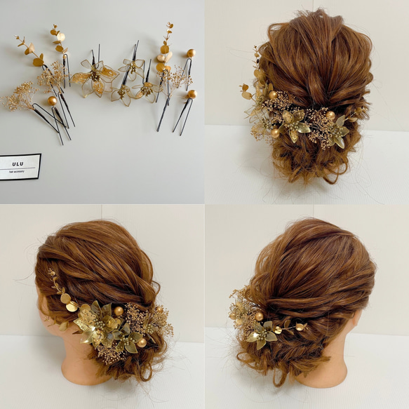 ✴︎アメリカンフラワーヘッドドレス✴︎ゴールド金箔和装飾り成人式髪飾りウェディングブライダル結婚式卒業式 1枚目の画像