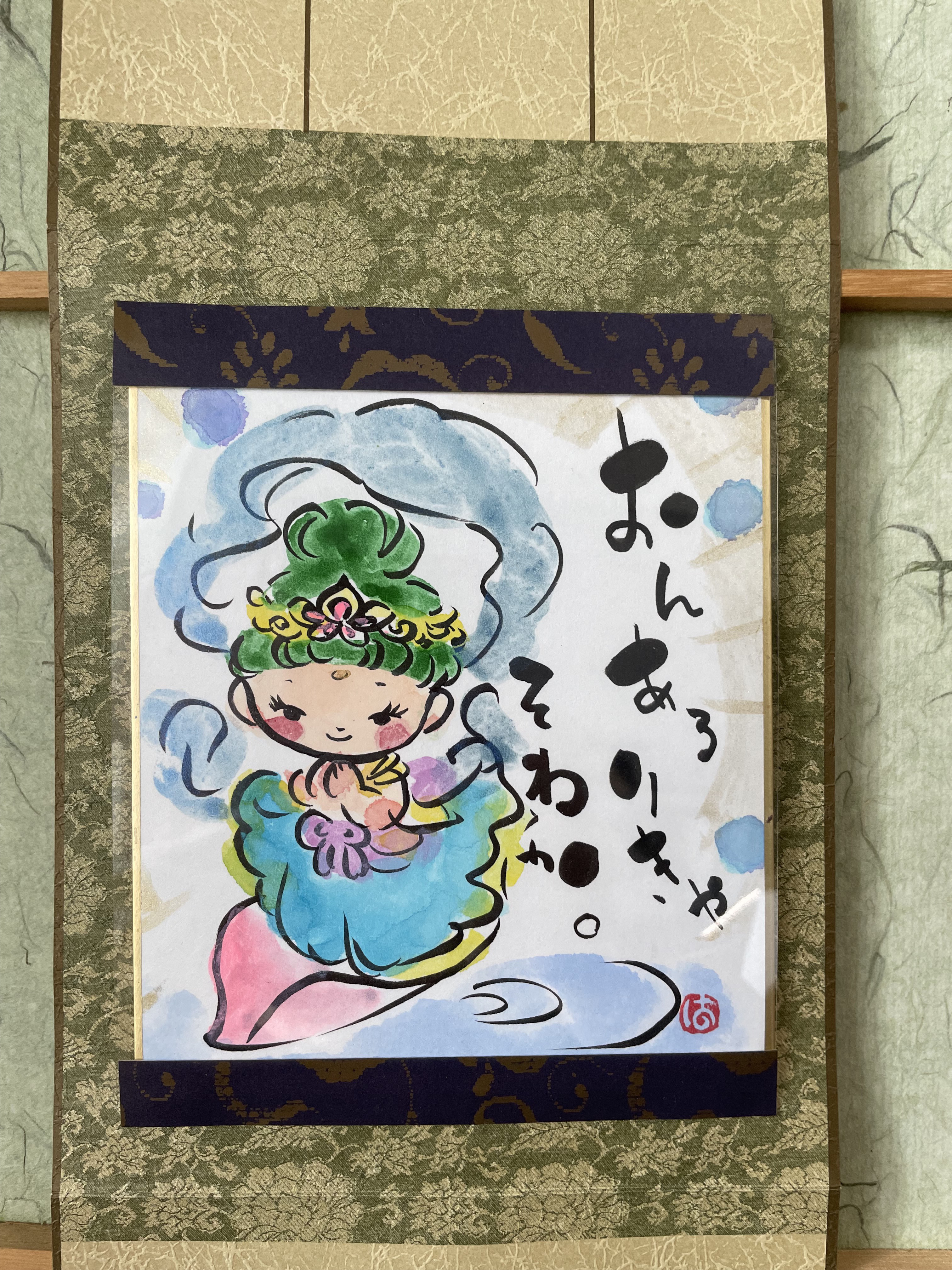 ろうけつ染め観音菩薩×昭和レトロ大判額縁　ヴィンテージ　骨董品　フレーム　布絵