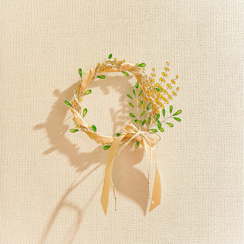 リボンとミモザの花束リース♡︎ワイヤーアート リース Riiche 通販