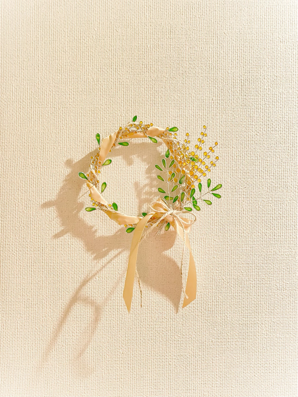 リボンとミモザの花束リース♡︎ワイヤーアート リース Riiche 通販