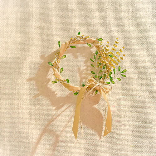 リボンとミモザの花束リース♡︎ワイヤーアート リース Riiche 通販