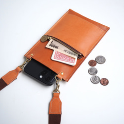 纖薄智慧型手機手拿包（圓點拼接/米色）智慧型手機肩帶皮革 第4張的照片