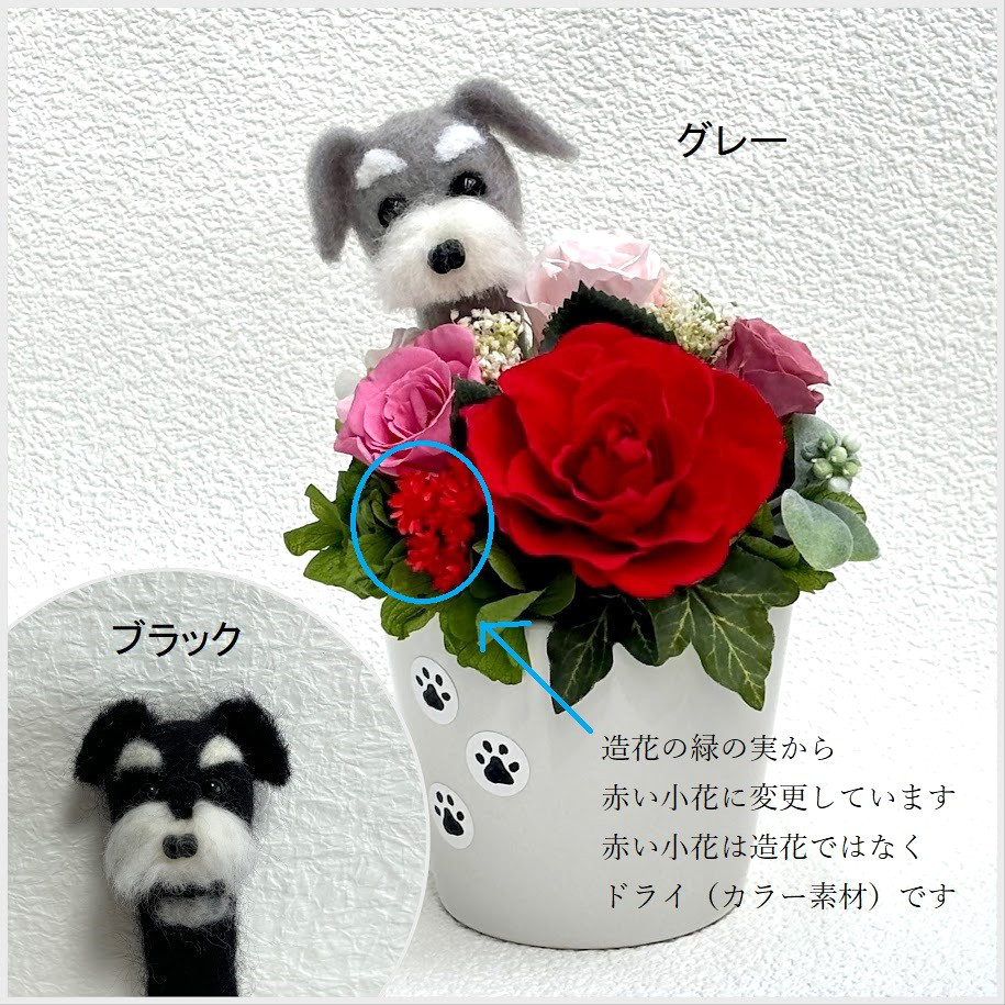 ちょこんと顔出す　シュナウザー（左側）＆　プリザーブドフラワー（赤　ピンク色系）　/羊毛フェルト　ミニチュアシュナウザー