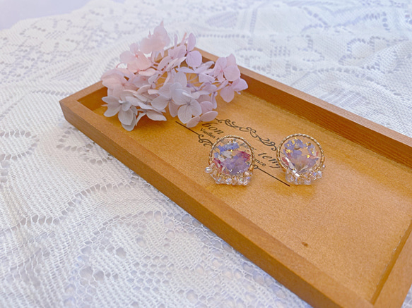 紫色花園 真花耳環 ＵＶ膠 串珠 水晶 珍珠 第2張的照片