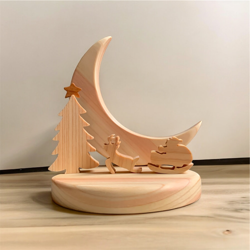 木製 月飾りオブジェ 12月 クリスマスツリーとサンタ
