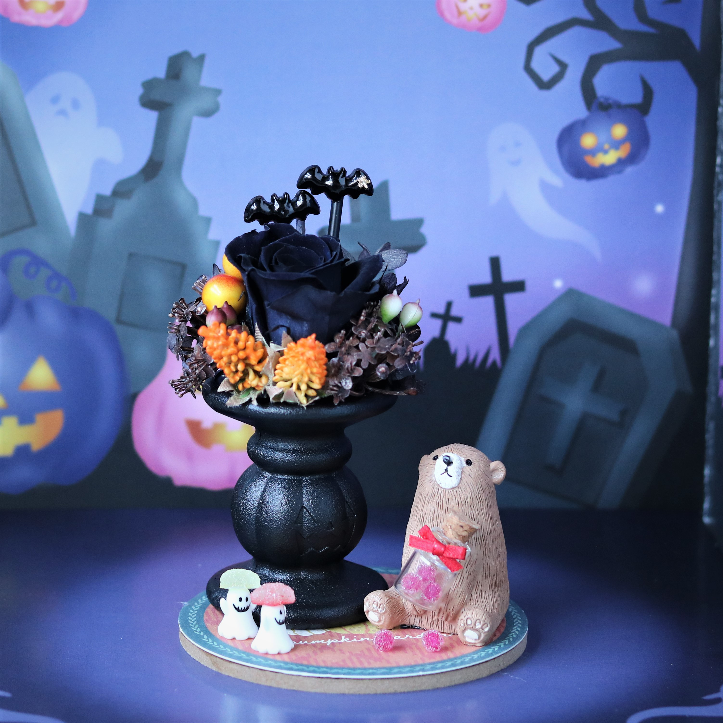 りさ　オルゴナイト　ハロウィンでか耳くま　オレンジプリザードフラワー薔薇
