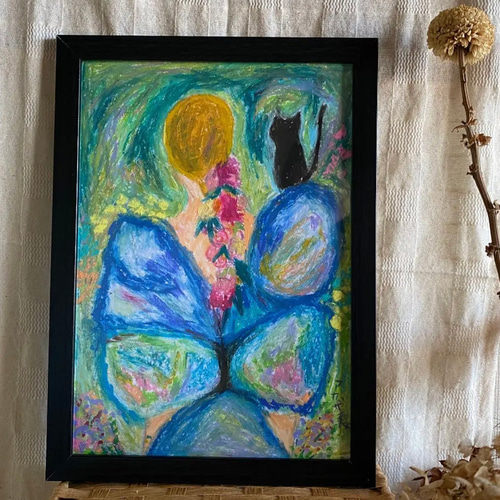 絵画 。壁掛け絵【花の中の美しい女の子とかわいい黒猫】 絵画 。壁掛け絵【花の中の美しい女の子とかわいい黒猫】 絵画