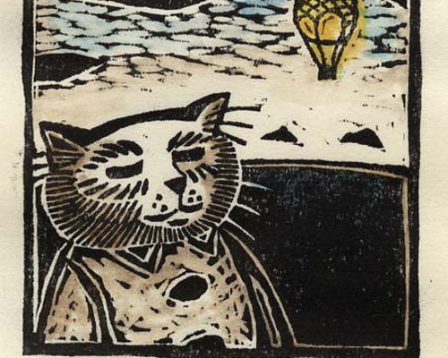 猫絵画（版画） ◇在庫切れ◇制作中！【木版画】猫と気球 版画家／藤宮史（フジミヤ
