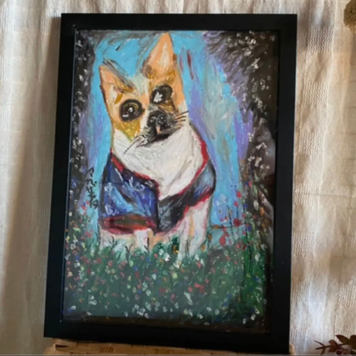 絵画。壁掛け絵原画手描き【草の上で休んでいるかっこいい犬