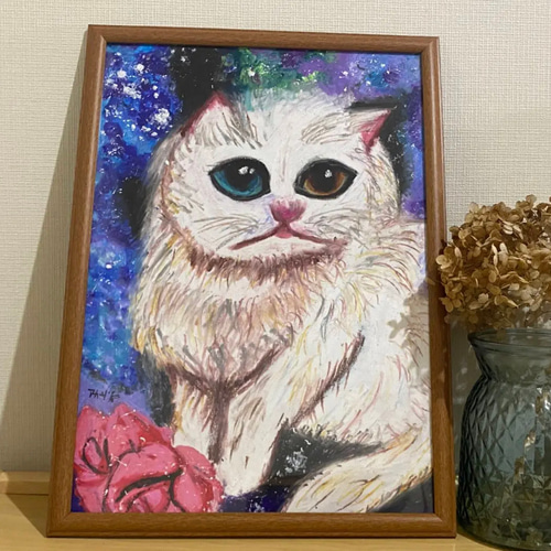絵画 。壁掛け絵油絵原画手描き【夢幻紫陽花の中の猫】 絵画 アカザ麦  