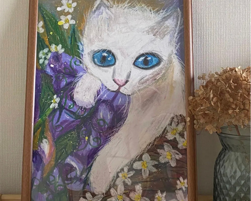 絵画 。壁掛け絵油絵原画手描き【花かごの中の子猫ちゃん】 絵画