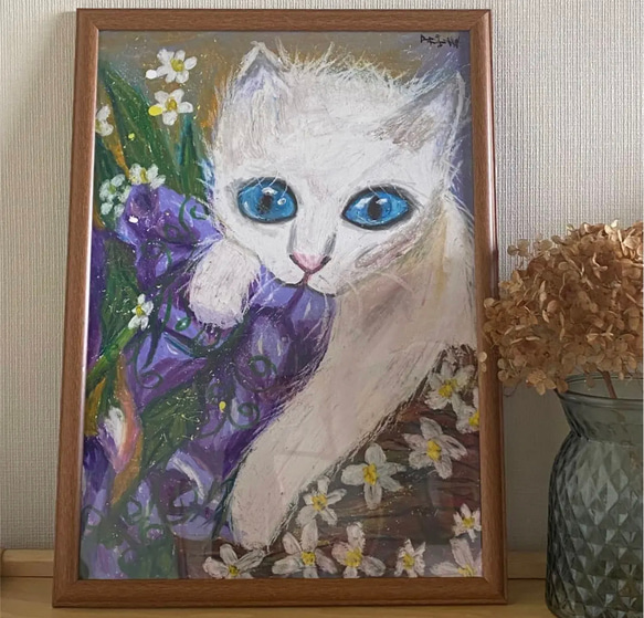 油絵、壁掛け絵原画手描き【童謡の花の中の猫ちゃん】