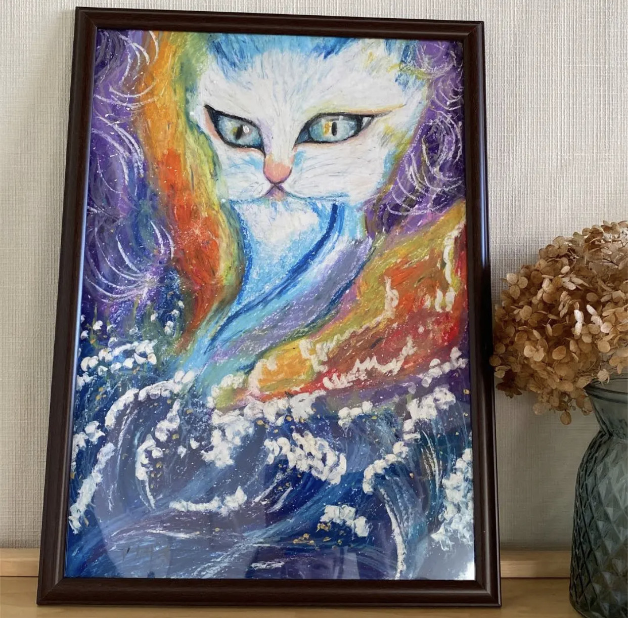 油絵 絵画 【コスモス畑から見える河口湖と富士山 】
