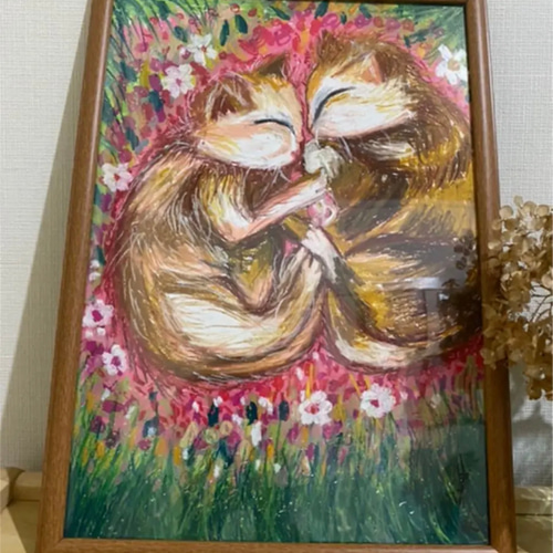 油絵、壁掛け絵原画【花びらの山の中のかわいい猫の赤ちゃん2匹】 絵画 