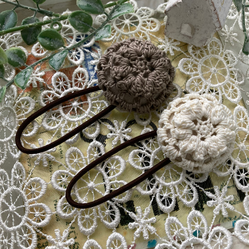 くるみボタンのヘアゴム2個セット＊レース編み＊ハンドメイド＊手編み
