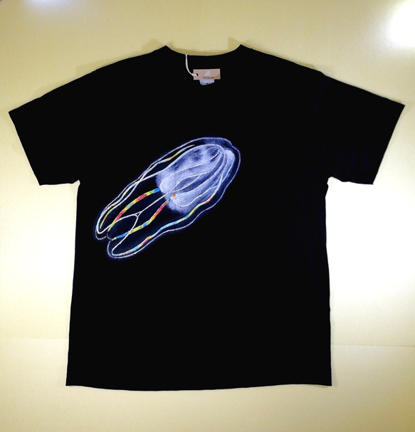 メンズM　手描きTシャツ　発光クラゲ(表裏両面)　　 1枚目の画像