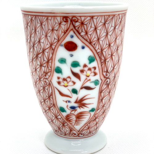 木箱付き】清水焼 鮮やかな花柄 内側にも絵柄（はんなり 柿釉 御本手  