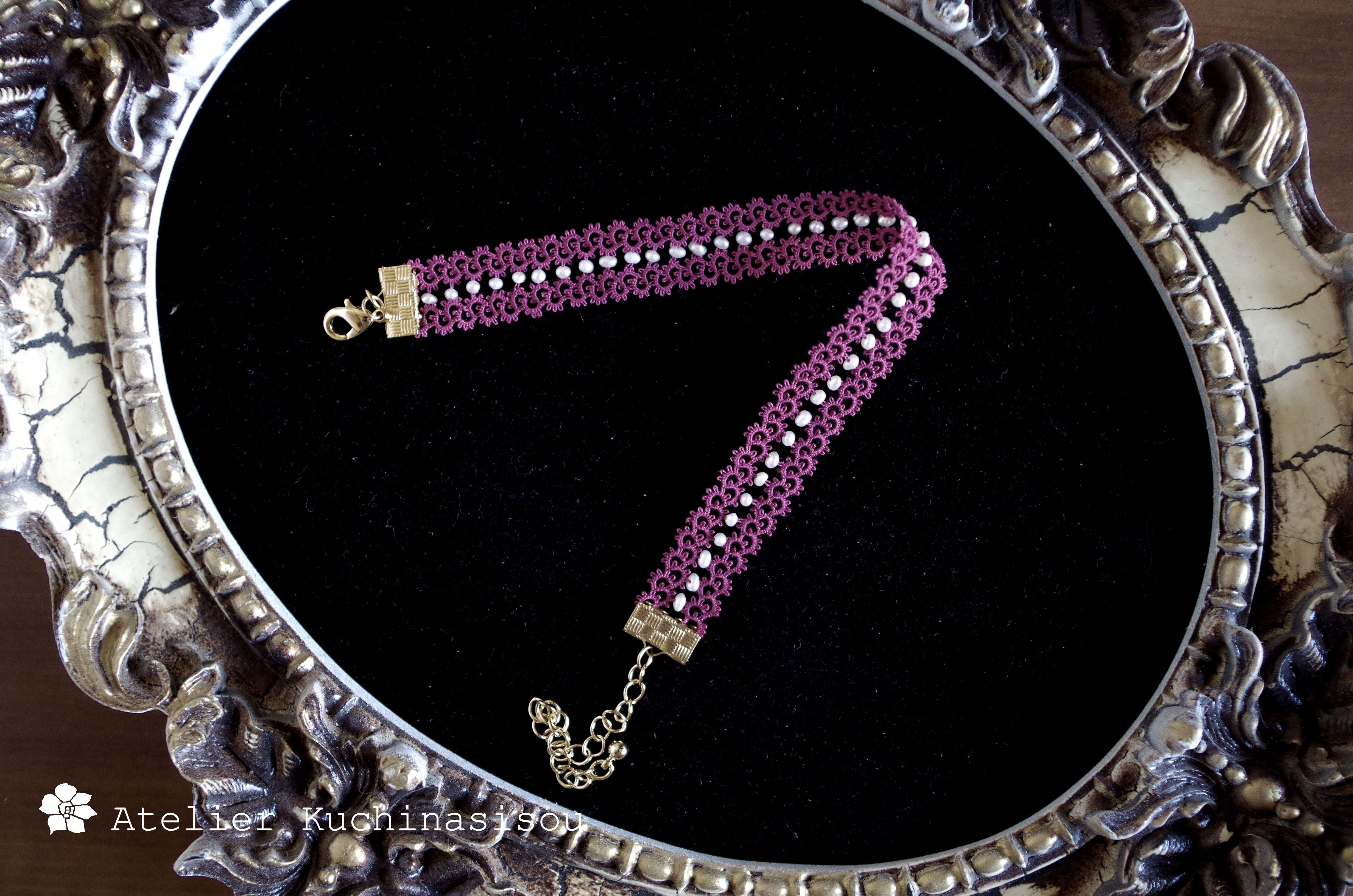 ［手染め］タティングレースと淡水パールのブレスレット〈ボルドー〉