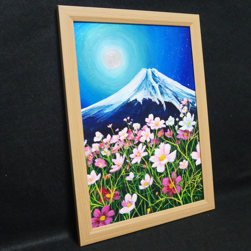 油絵 油彩 油彩画 絵画【コスモスと富士山】 油絵 絵画 【満月のコスモスと富士山 】 絵画 HR 通販