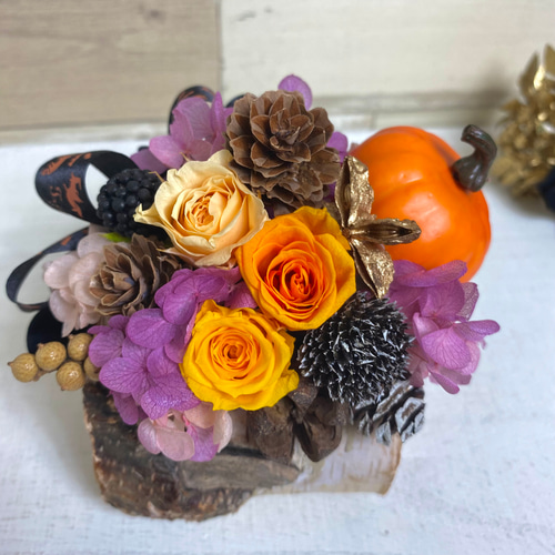 りさ　オルゴナイト　ハロウィンでか耳くま　オレンジプリザードフラワー薔薇 りさ オルゴナイト ハロウィンでか耳くま オレンジプリザード