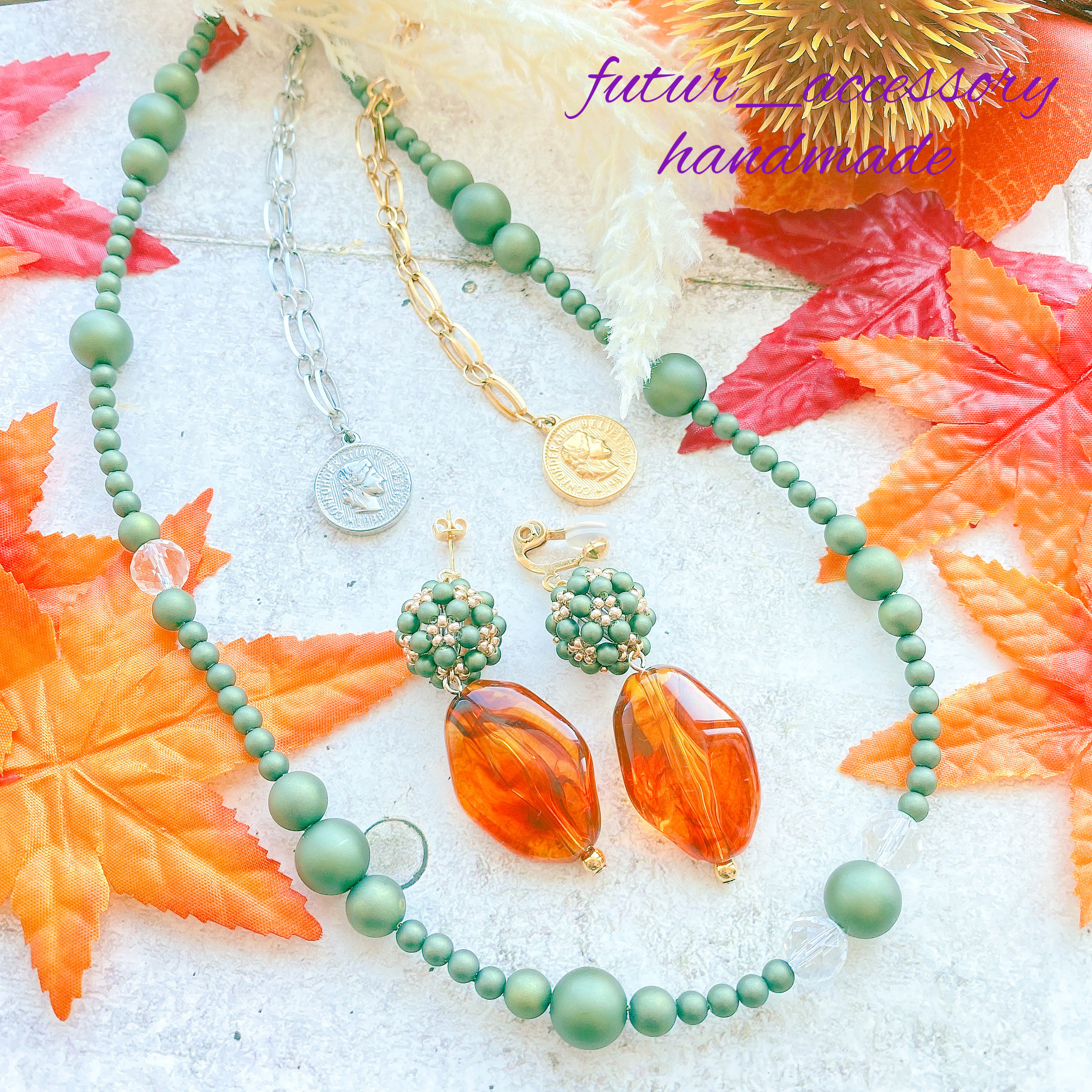 【数量限定☆秋の福袋】抹茶色のパールネックレス＆べっ甲ピアスセット　秋　グリーン　サージカルステンレス