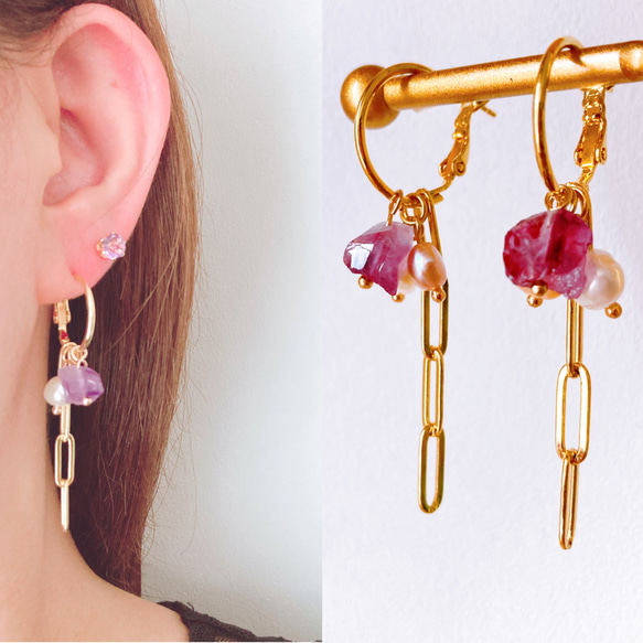 着せ替えチャームアレンジ自在/ アメジストフープピアスorフープイヤリング　10way以上アレンジ可能 3枚目の画像