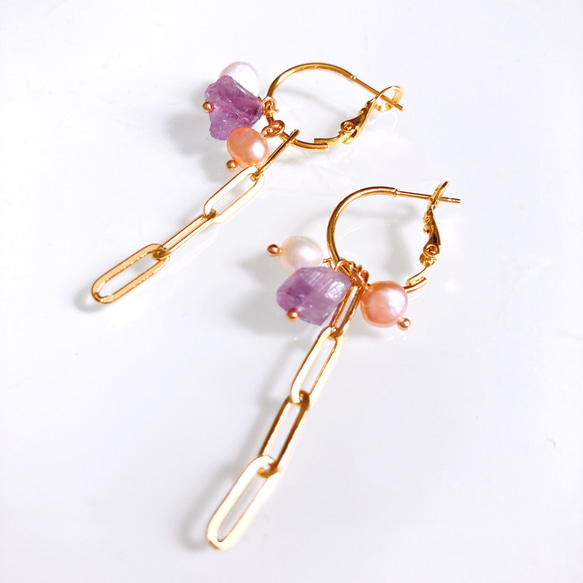 着せ替えチャームアレンジ自在/ アメジストフープピアスorフープイヤリング　10way以上アレンジ可能 1枚目の画像