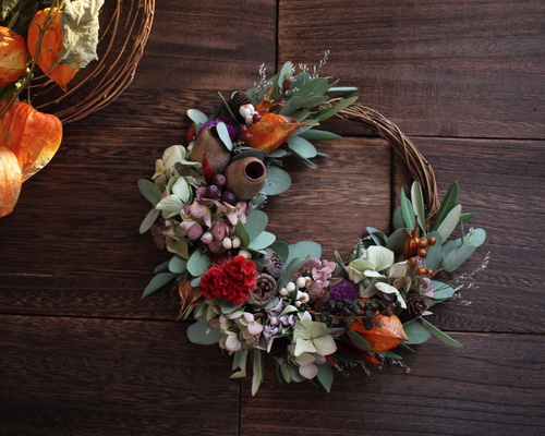 ハロウィン　三日月リース　フラワーリース ハロウィンほおずきとユーカリの三日月リース◎ リース ダーチャ