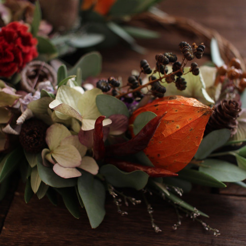 ハロウィンほおずきとユーカリの三日月リース◎ リース ダーチャ 通販  