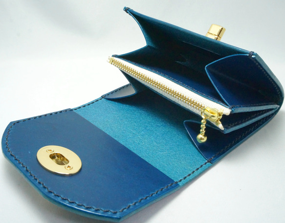 本革　イタリアンレザー　ヒネリタイプ　財布　ハーフウォレット　ブルー 6枚目の画像