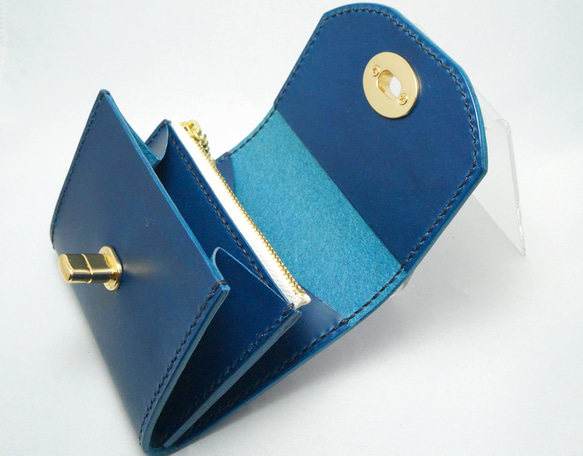 本革　イタリアンレザー　ヒネリタイプ　財布　ハーフウォレット　ブルー 5枚目の画像