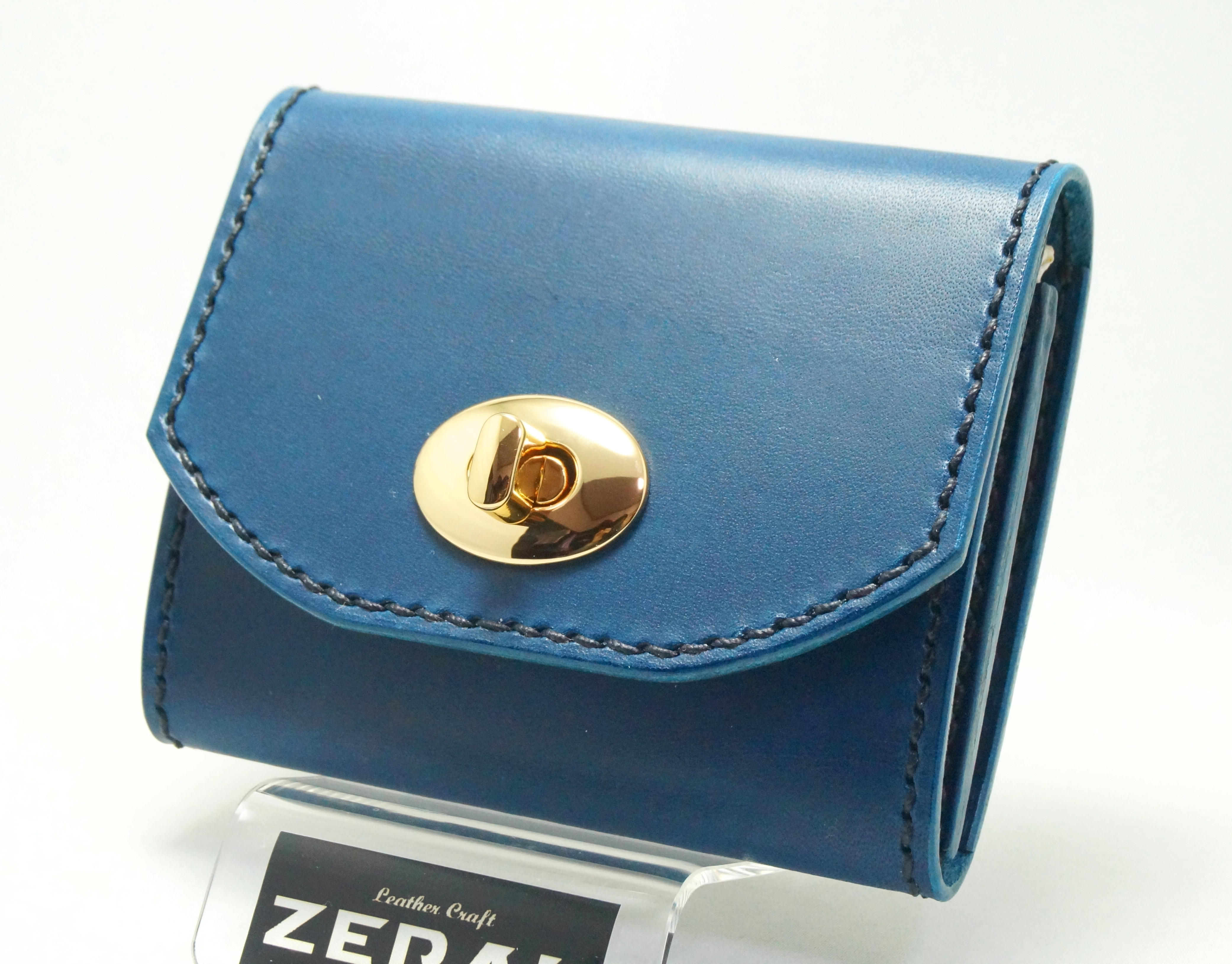 本革　イタリアンレザー　ヒネリタイプ　財布　ハーフウォレット　ブルー