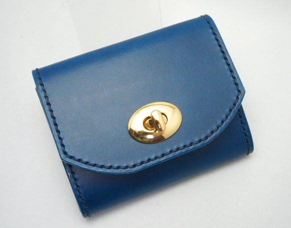 本革　イタリアンレザー　ヒネリタイプ　財布　ハーフウォレット　ブルー 3枚目の画像
