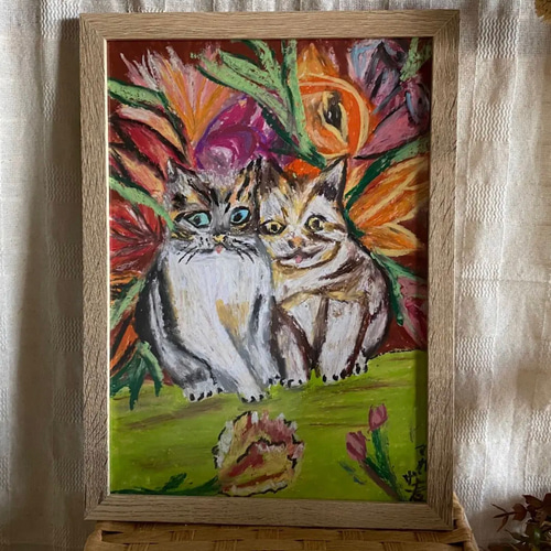 絵画。壁掛け絵原画【花の中から飛び出してきた2匹の猫ちゃん 絵画。壁掛け絵原画【花の中から飛び出してきた2匹の猫ちゃん