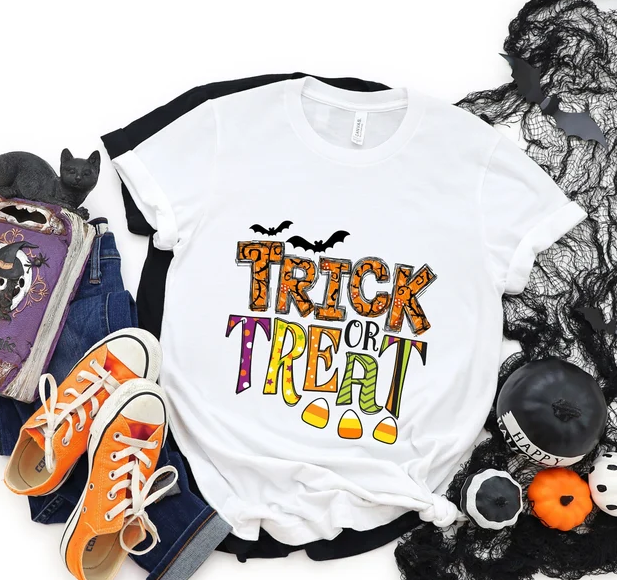 トリック・オア・トリート、トリック・オア・トリートシャツ、面白いハロウィンTシャツ、幼児ハロウィンシャツ、ハロウィンシャ