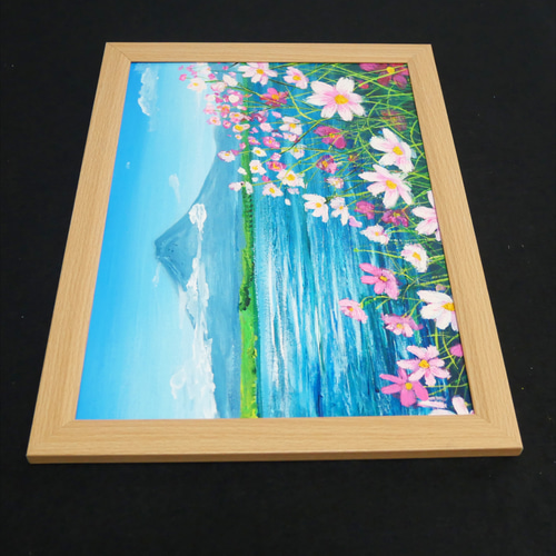 油絵 絵画 【コスモス畑から見える河口湖と富士山】 絵画 HR