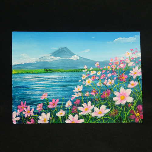 油絵 絵画 【コスモス畑から見える河口湖と富士山】 絵画 HR