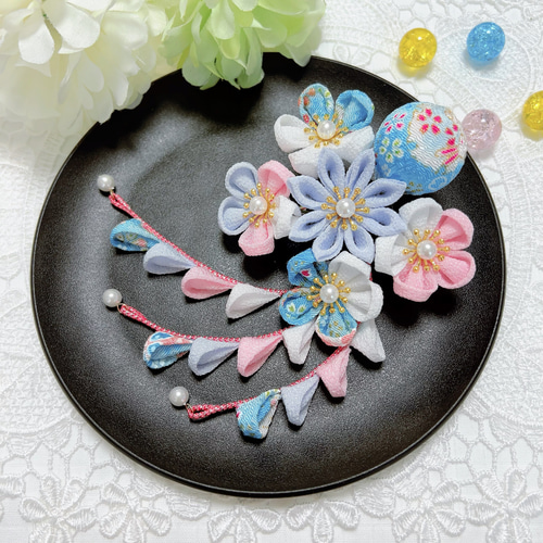 七五三 ヘア飾り つまみ細工の髪飾り(水色No.2) 卒業式 3歳 7歳