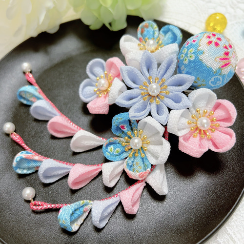 七五三 ヘア飾り つまみ細工の髪飾り(水色No.2) 卒業式 3歳 7歳 753
