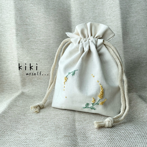 ミモザのリース 刺繍巾着袋 巾着袋 kiki myself 通販 ミモザのリース 刺繍巾着袋 巾着袋 kiki myself 通販