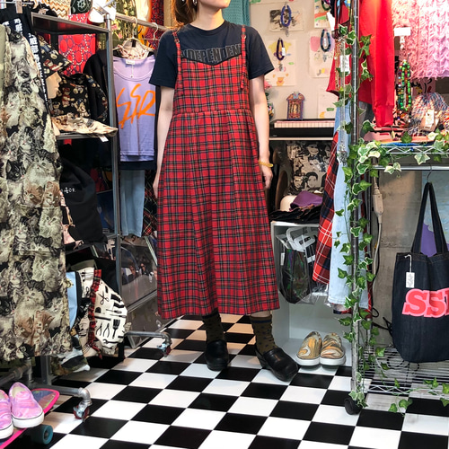 8383【極美品】street Organ プリーツ チェック ロングワンピース タータンチェック プリーツキャミロングワンピース:レッド ワンピース