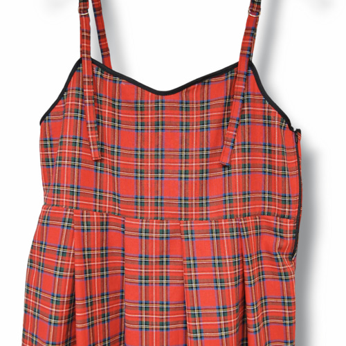 タータンチェック プリーツキャミロングワンピース:レッド