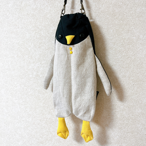 ペンギン巾着袋☆ハンドメイドオーダー ペンギン着 黒ペンギン ブラック 巾着 ペンギン ペンギン巾着 - mameの