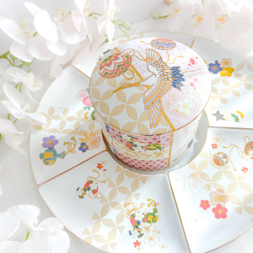 豪華絢爛〜鶴が舞う陶器の3段お重 扇皿5枚セット 大皿 ❤︎Blanche