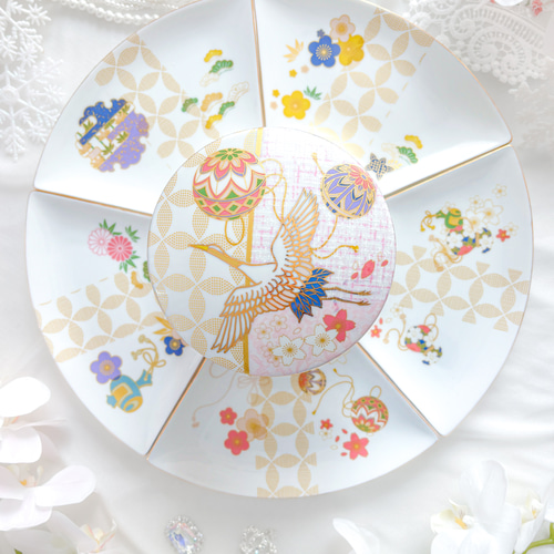 豪華絢爛〜鶴が舞う陶器の3段お重 扇皿5枚セット 大皿 ❤︎Blanche