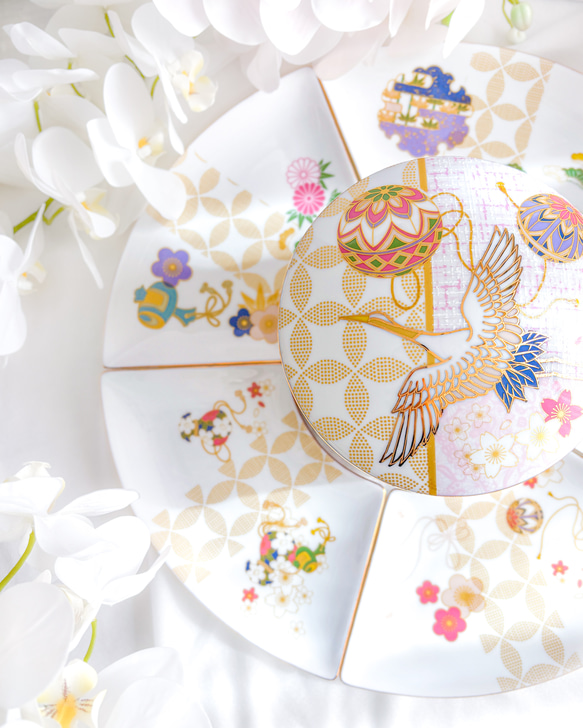 豪華絢爛〜鶴が舞う陶器の3段お重 扇皿5枚セット 大皿 ❤︎Blanche